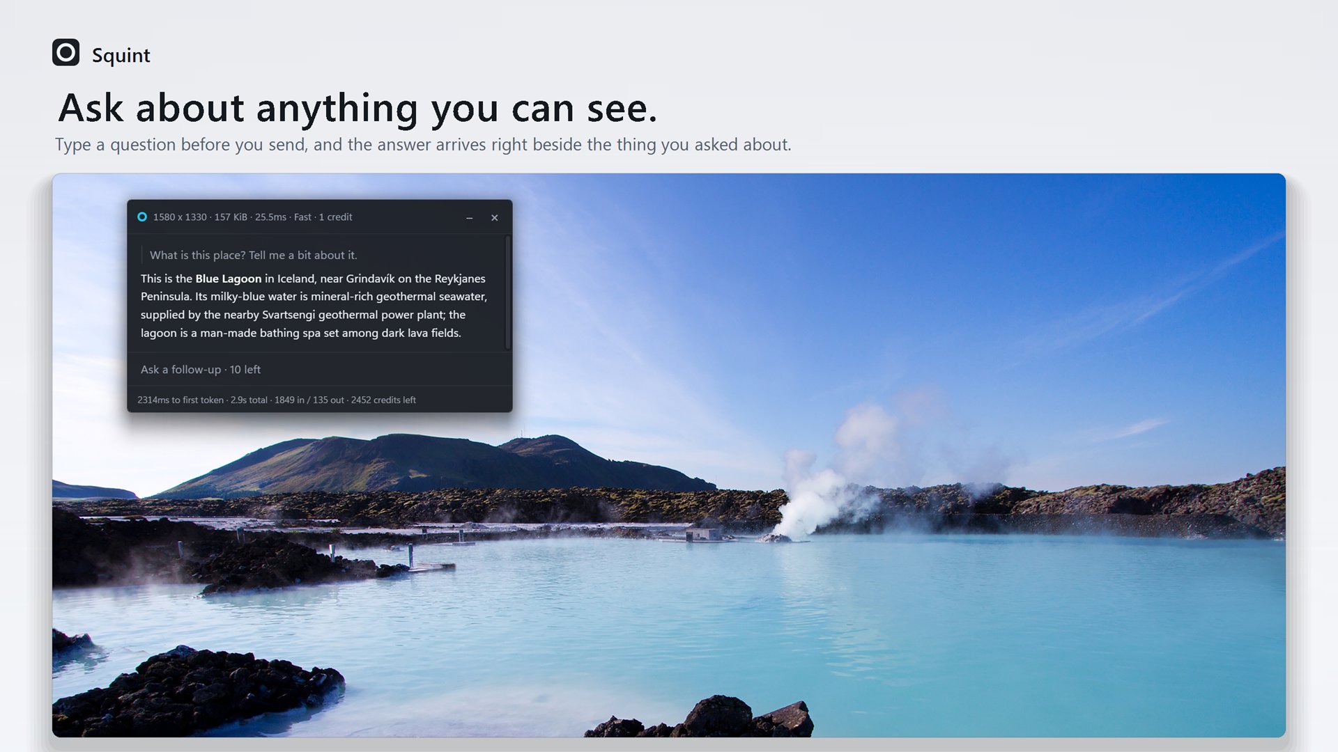 Squint's answer panel beside a photo of the Blue Lagoon. Asked “What is this place? Tell me a bit about it.”, it names the Blue Lagoon in Iceland, near Grindavík, and explains that its milky-blue water is geothermal seawater from the nearby Svartsengi power plant.